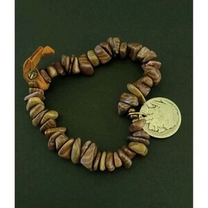 Picture Jasper Chip Stone Stretch Bracelet Coin Charm Brown Tan 30g Buffalo NIck